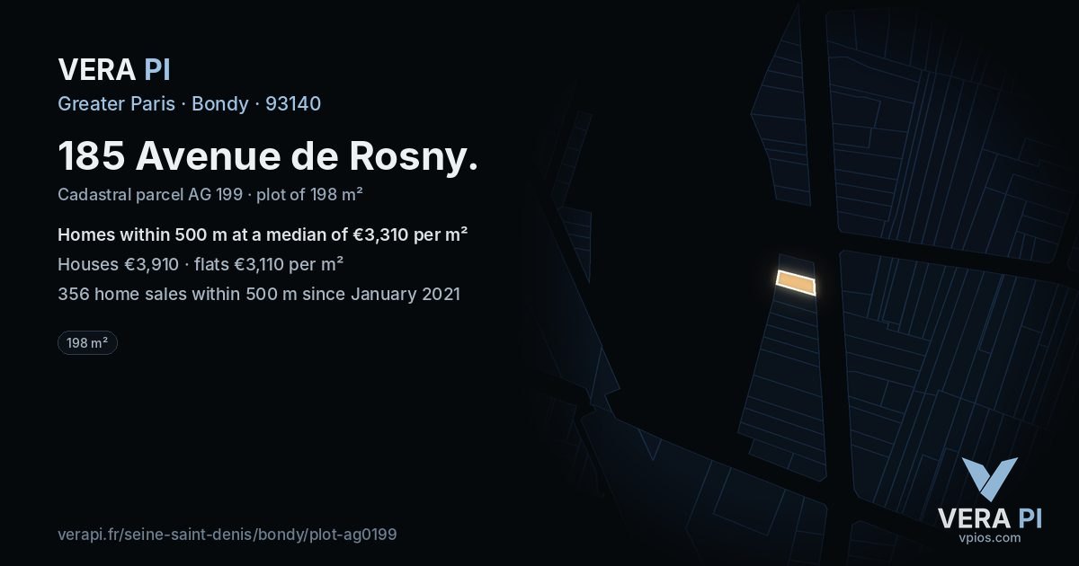 185 Avenue de Rosny, Bondy at night – the plot lit, the parcels around coloured by the prices near them