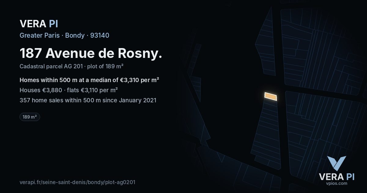 187 Avenue de Rosny, Bondy at night – the plot lit, the parcels around coloured by the prices near them