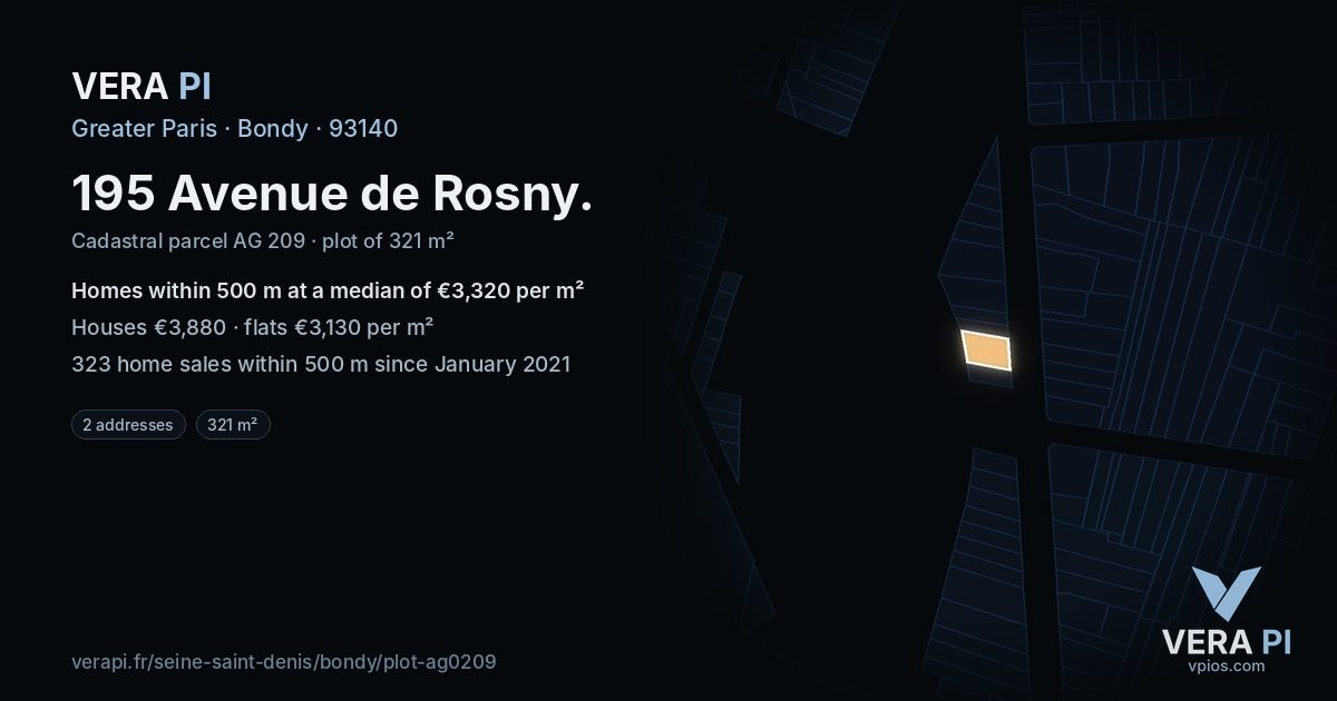 195 Avenue de Rosny, Bondy at night – the plot lit, the parcels around coloured by the prices near them