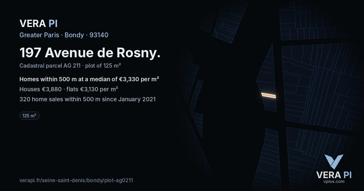197 Avenue de Rosny, Bondy at night – the plot lit, the parcels around coloured by the prices near them