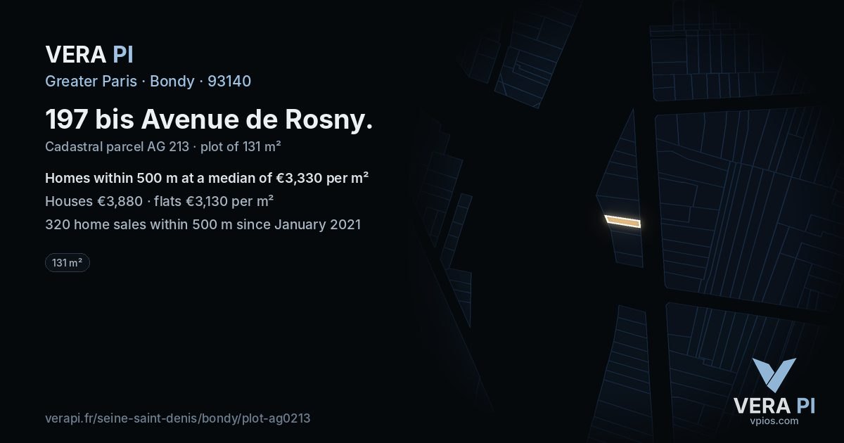 197 bis Avenue de Rosny, Bondy at night – the plot lit, the parcels around coloured by the prices near them