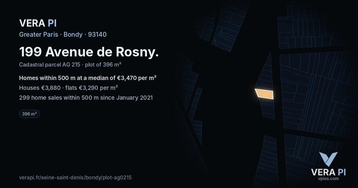 199 Avenue de Rosny, Bondy at night – the plot lit, the parcels around coloured by the prices near them