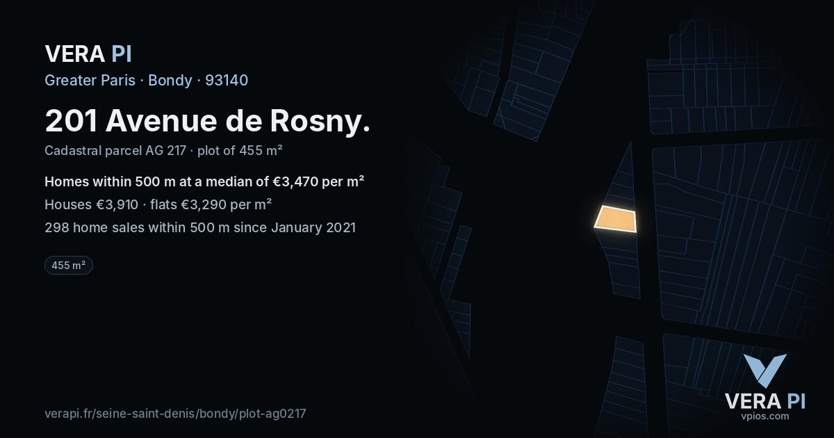 201 Avenue de Rosny, Bondy at night – the plot lit, the parcels around coloured by the prices near them