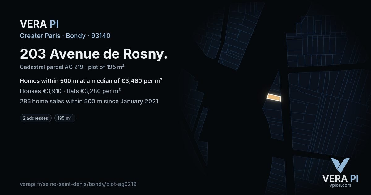 203 Avenue de Rosny, Bondy at night – the plot lit, the parcels around coloured by the prices near them