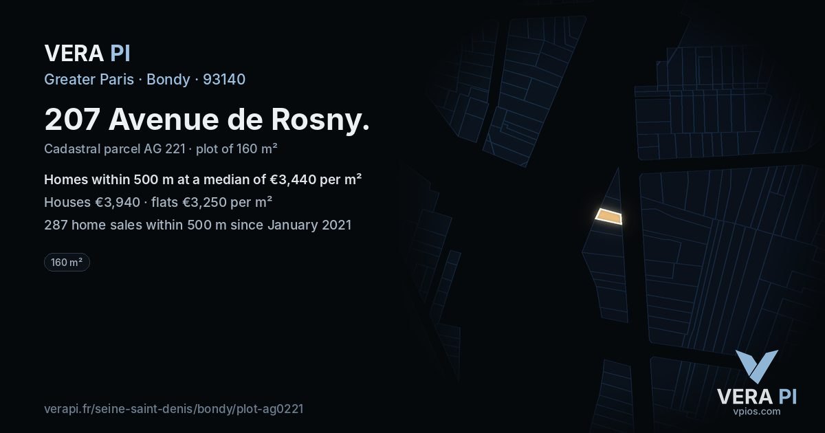 207 Avenue de Rosny, Bondy at night – the plot lit, the parcels around coloured by the prices near them