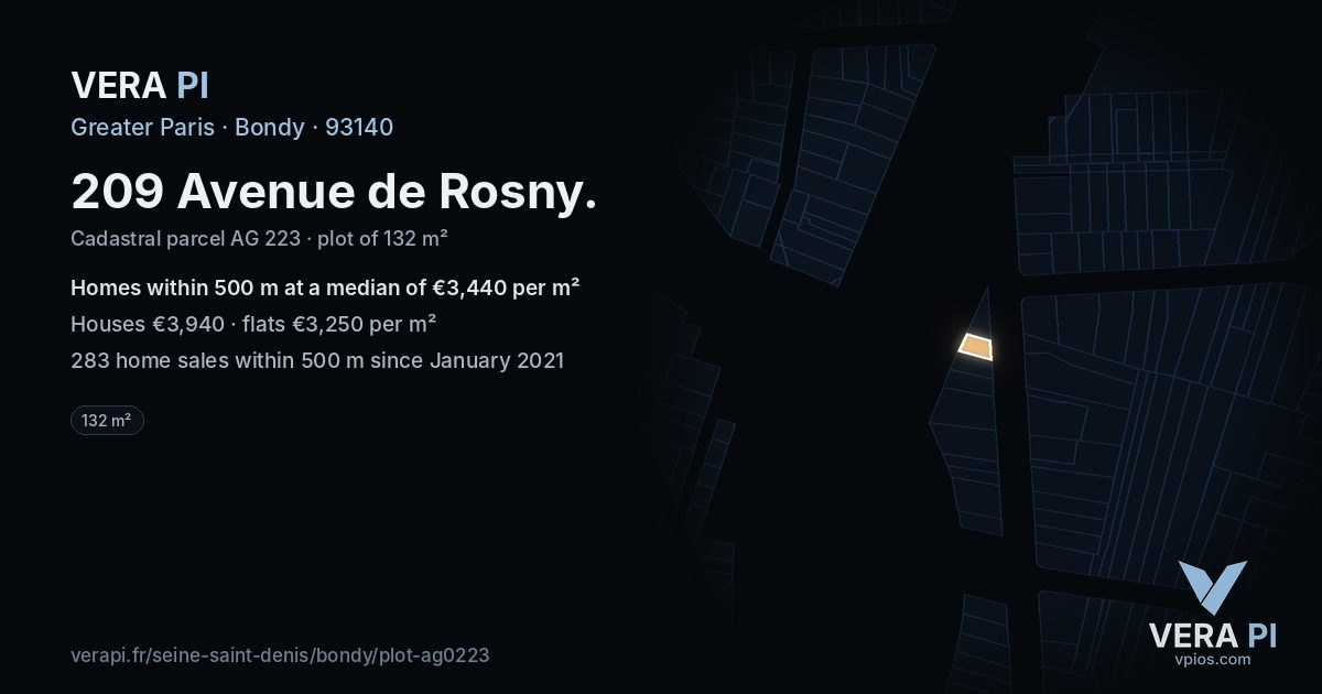 209 Avenue de Rosny, Bondy at night – the plot lit, the parcels around coloured by the prices near them