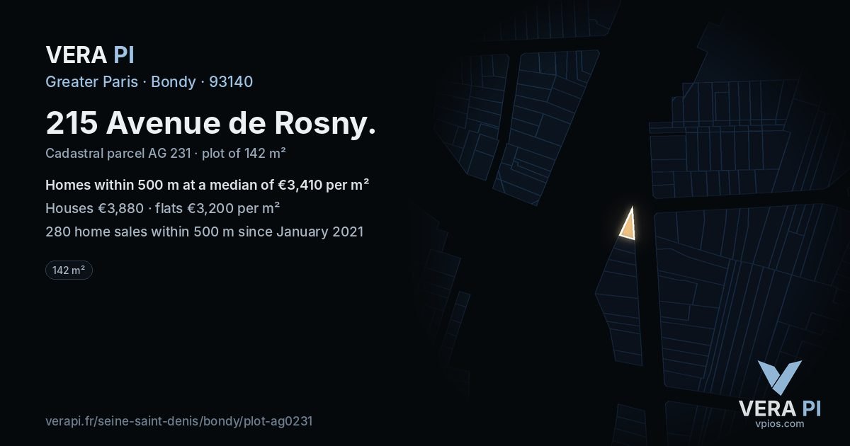 215 Avenue de Rosny, Bondy at night – the plot lit, the parcels around coloured by the prices near them