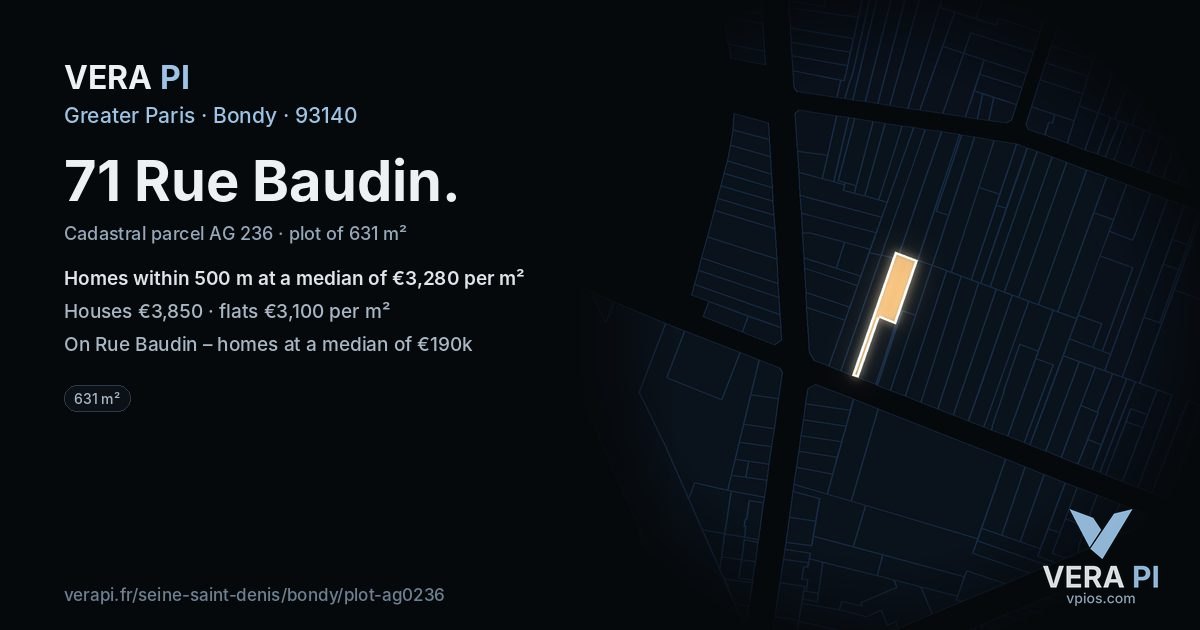 71 Rue Baudin, Bondy at night – the plot lit, the parcels around coloured by the prices near them