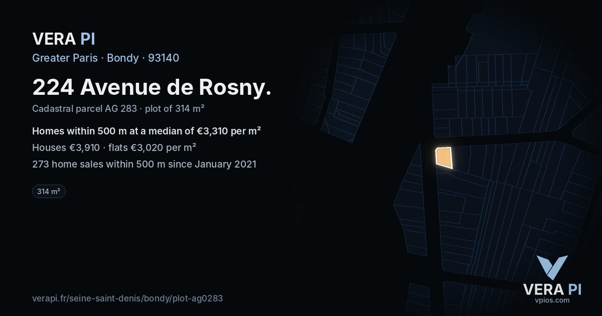 224 Avenue de Rosny, Bondy at night – the plot lit, the parcels around coloured by the prices near them