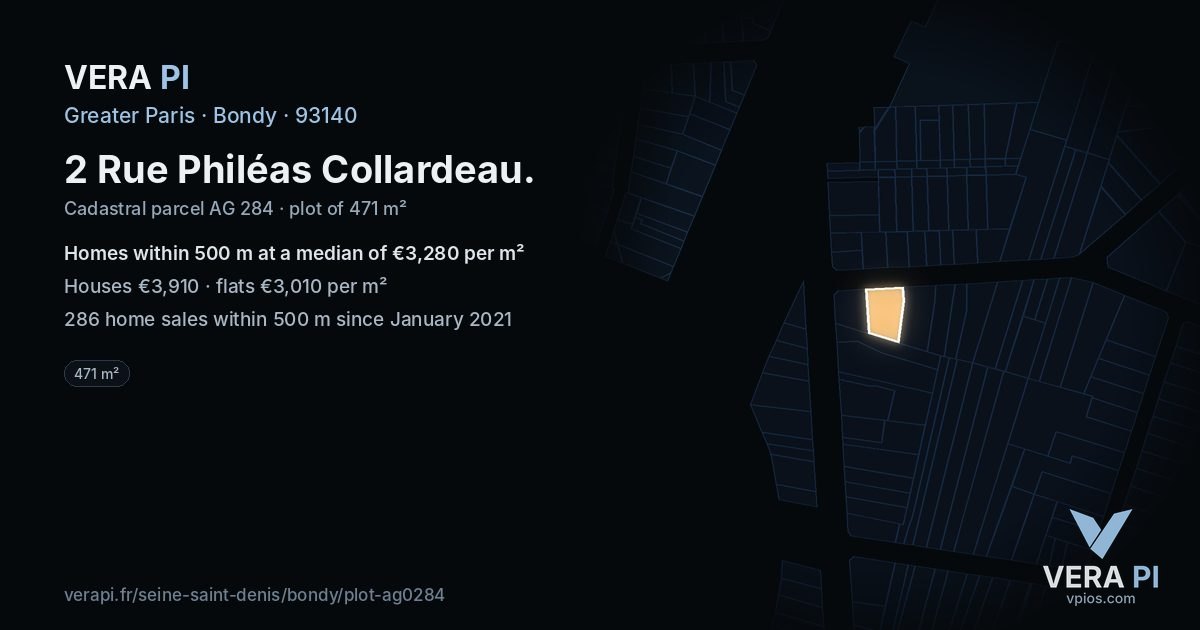 2 Rue Philéas Collardeau, Bondy at night – the plot lit, the parcels around coloured by the prices near them
