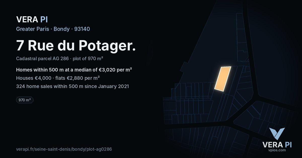 7 Rue du Potager, Bondy at night – the plot lit, the parcels around coloured by the prices near them