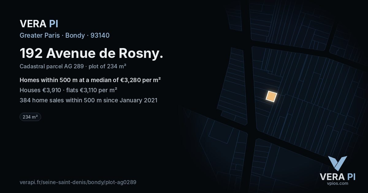 192 Avenue de Rosny, Bondy at night – the plot lit, the parcels around coloured by the prices near them