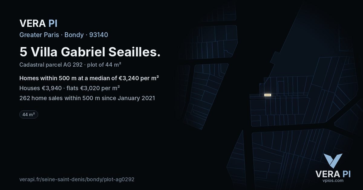 5 Villa Gabriel Seailles, Bondy at night – the plot lit, the parcels around coloured by the prices near them
