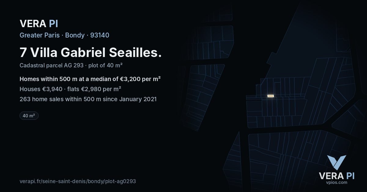 7 Villa Gabriel Seailles, Bondy at night – the plot lit, the parcels around coloured by the prices near them