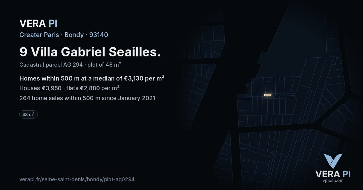 9 Villa Gabriel Seailles, Bondy at night – the plot lit, the parcels around coloured by the prices near them