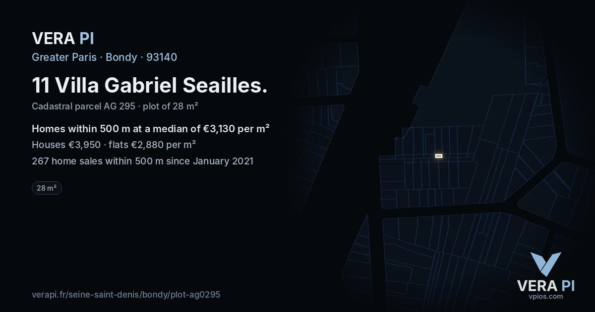 11 Villa Gabriel Seailles, Bondy at night – the plot lit, the parcels around coloured by the prices near them
