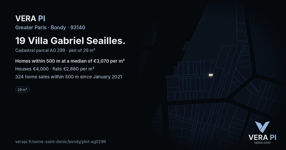 19 Villa Gabriel Seailles, Bondy at night – the plot lit, the parcels around coloured by the prices near them