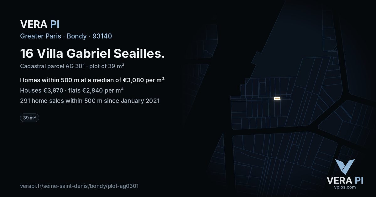 16 Villa Gabriel Seailles, Bondy at night – the plot lit, the parcels around coloured by the prices near them