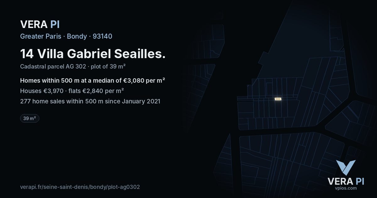 14 Villa Gabriel Seailles, Bondy at night – the plot lit, the parcels around coloured by the prices near them
