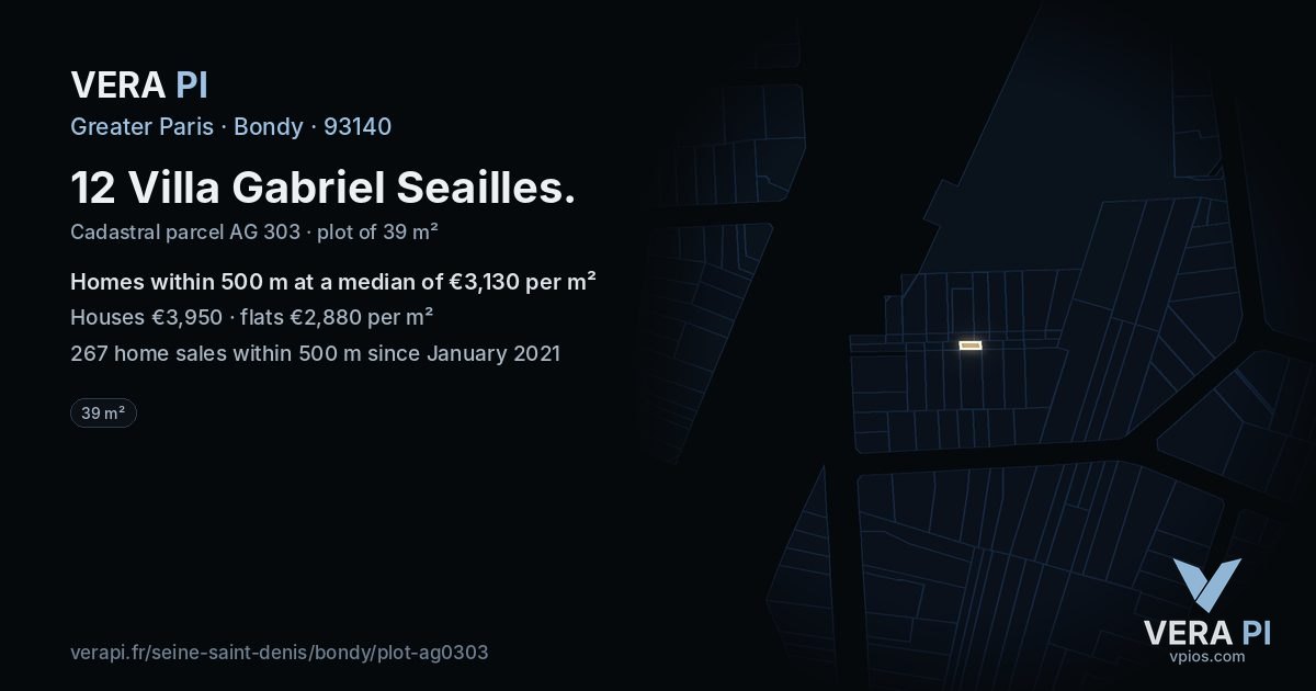 12 Villa Gabriel Seailles, Bondy at night – the plot lit, the parcels around coloured by the prices near them