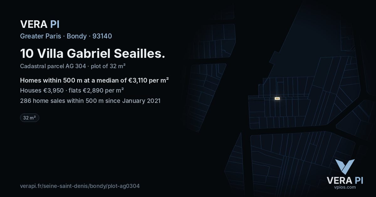10 Villa Gabriel Seailles, Bondy at night – the plot lit, the parcels around coloured by the prices near them