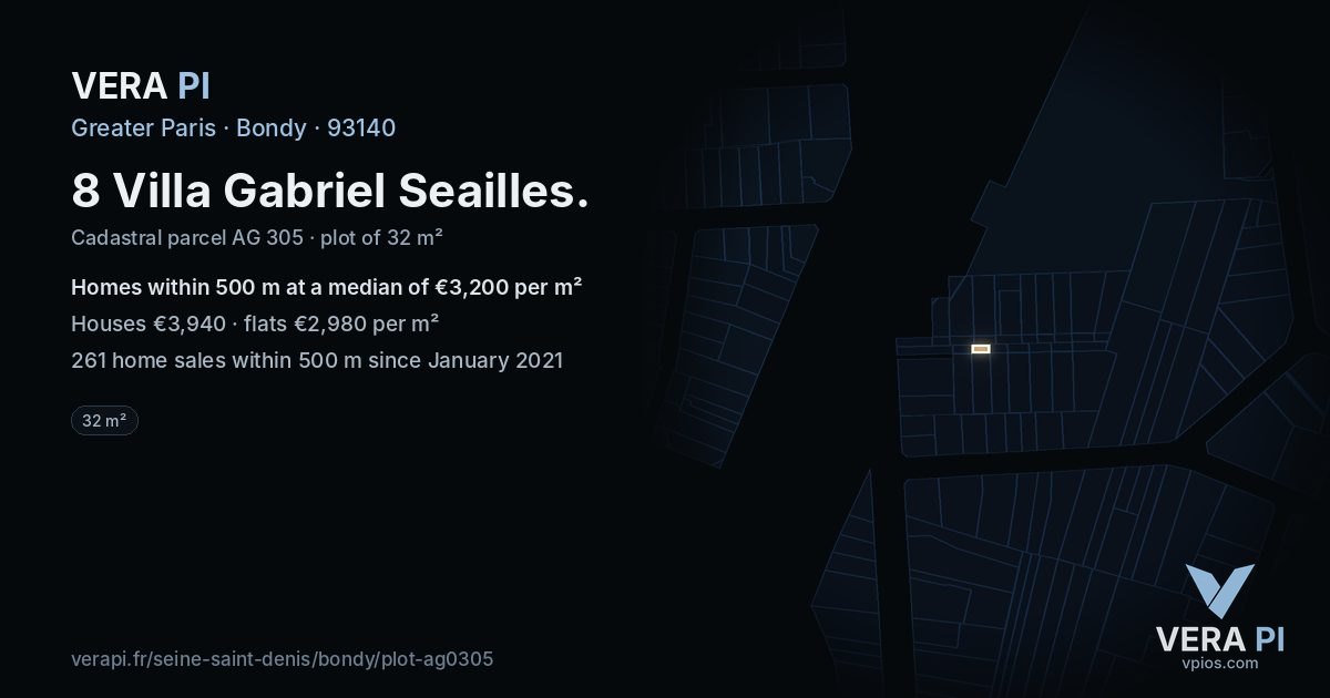 8 Villa Gabriel Seailles, Bondy at night – the plot lit, the parcels around coloured by the prices near them