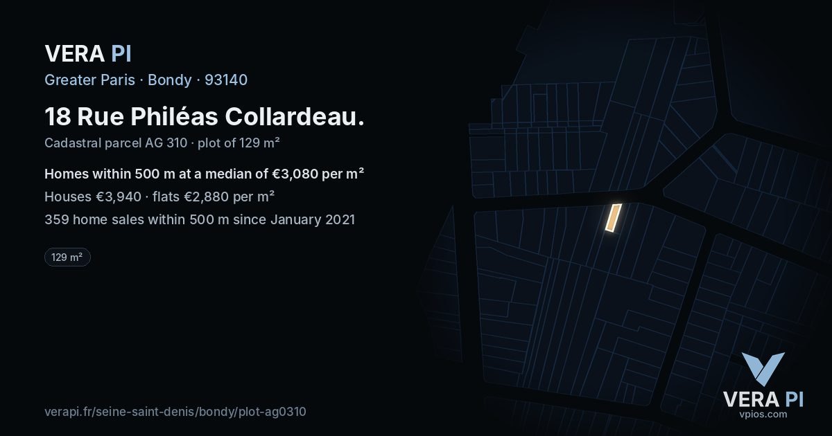18 Rue Philéas Collardeau, Bondy at night – the plot lit, the parcels around coloured by the prices near them
