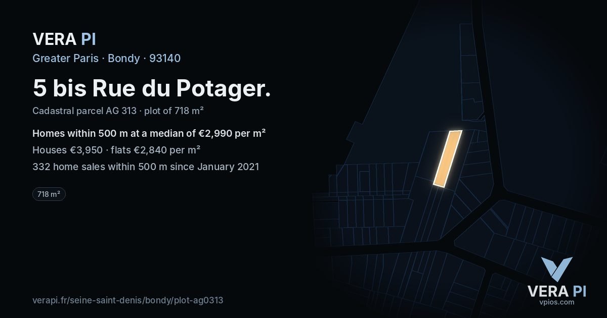 5 bis Rue du Potager, Bondy at night – the plot lit, the parcels around coloured by the prices near them