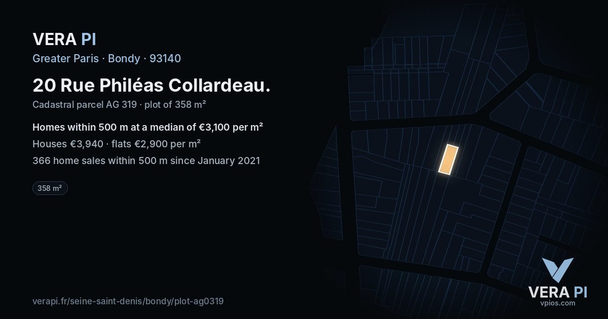 20 Rue Philéas Collardeau, Bondy at night – the plot lit, the parcels around coloured by the prices near them