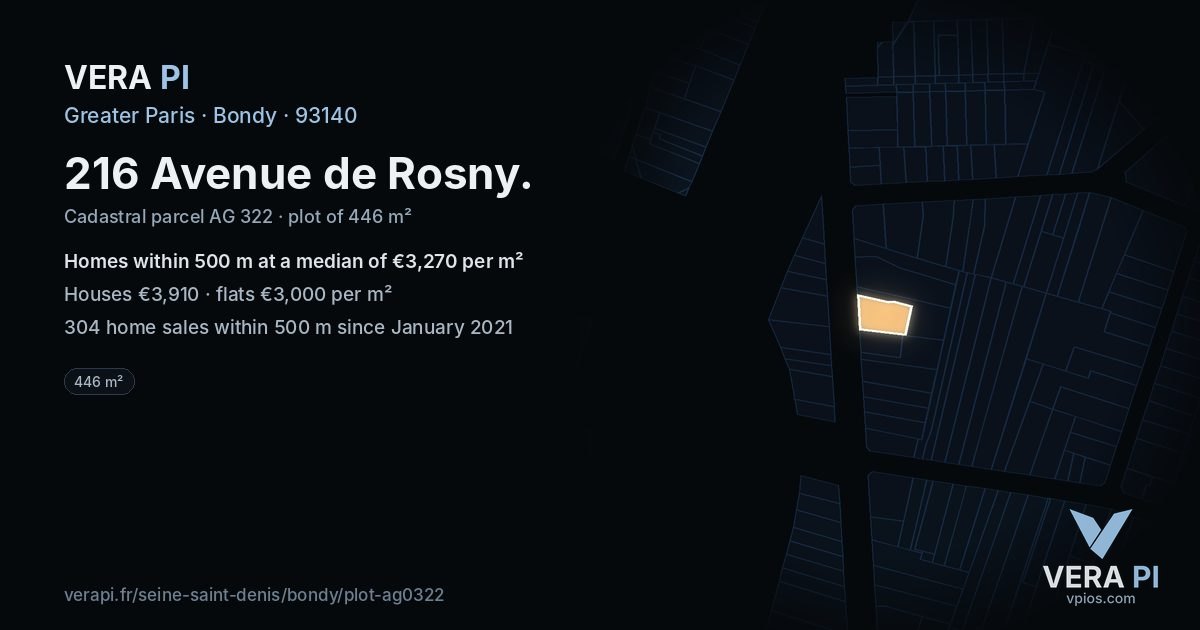 216 Avenue de Rosny, Bondy at night – the plot lit, the parcels around coloured by the prices near them
