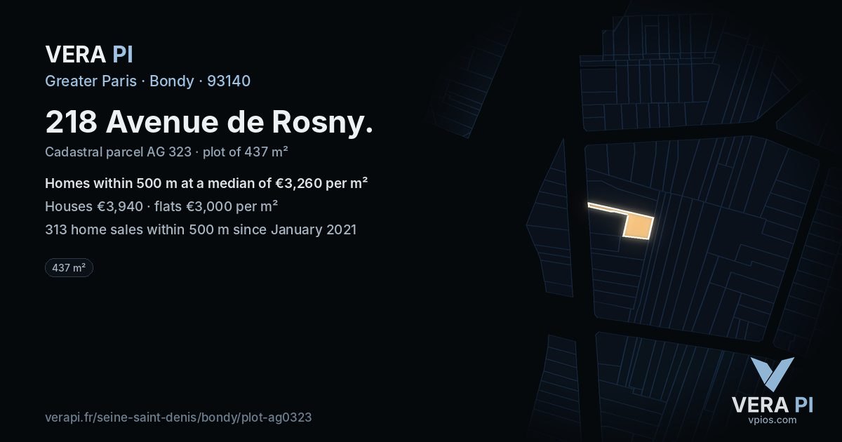 218 Avenue de Rosny, Bondy at night – the plot lit, the parcels around coloured by the prices near them