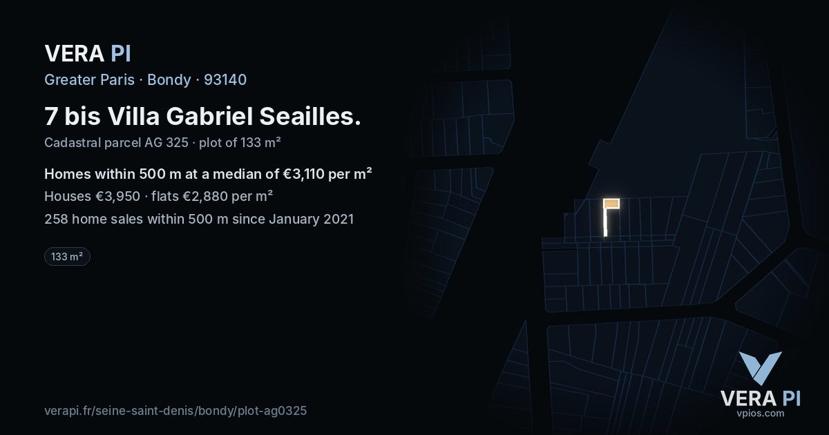 7 bis Villa Gabriel Seailles, Bondy at night – the plot lit, the parcels around coloured by the prices near them