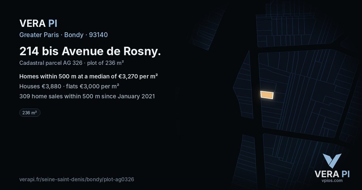 214 bis Avenue de Rosny, Bondy at night – the plot lit, the parcels around coloured by the prices near them
