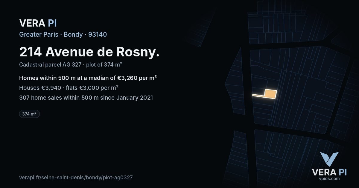 214 Avenue de Rosny, Bondy at night – the plot lit, the parcels around coloured by the prices near them