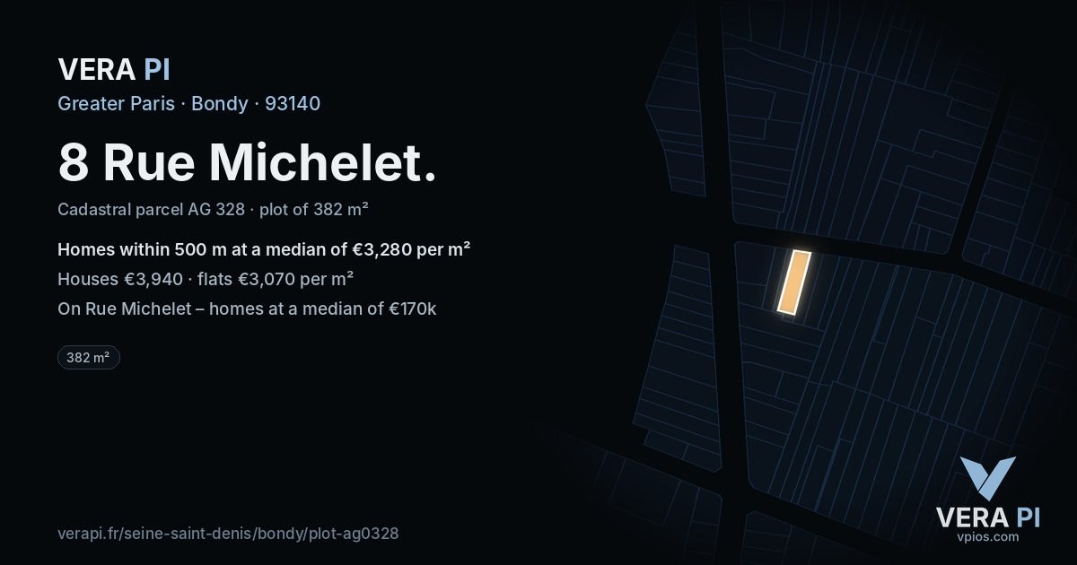 8 Rue Michelet, Bondy at night – the plot lit, the parcels around coloured by the prices near them