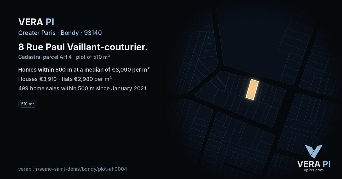 8 Rue Paul Vaillant-couturier, Bondy at night – the plot lit, the parcels around coloured by the prices near them