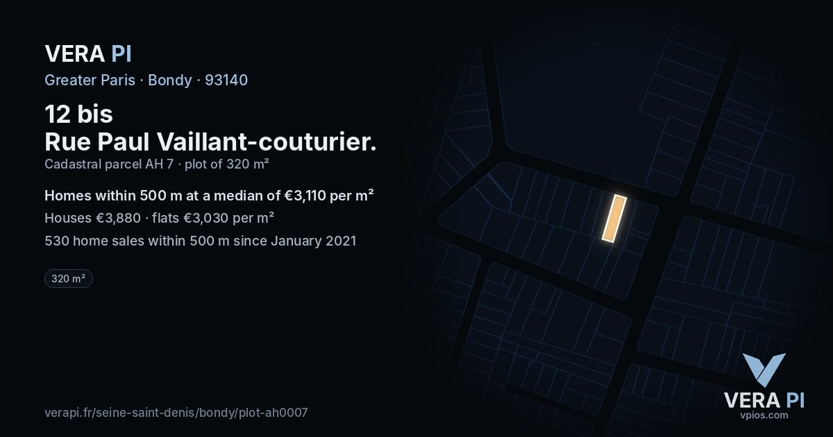 12 bis Rue Paul Vaillant-couturier, Bondy at night – the plot lit, the parcels around coloured by the prices near them
