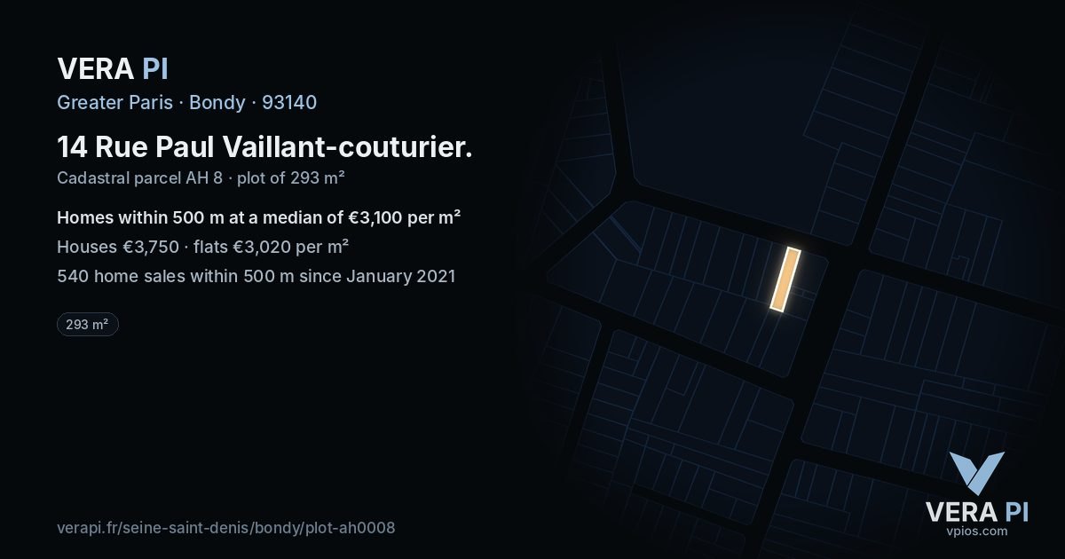 14 Rue Paul Vaillant-couturier, Bondy at night – the plot lit, the parcels around coloured by the prices near them