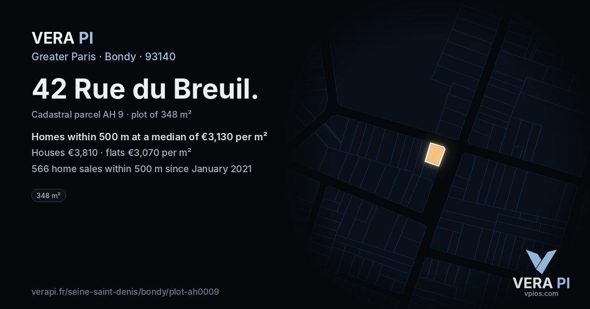 42 Rue du Breuil, Bondy at night – the plot lit, the parcels around coloured by the prices near them