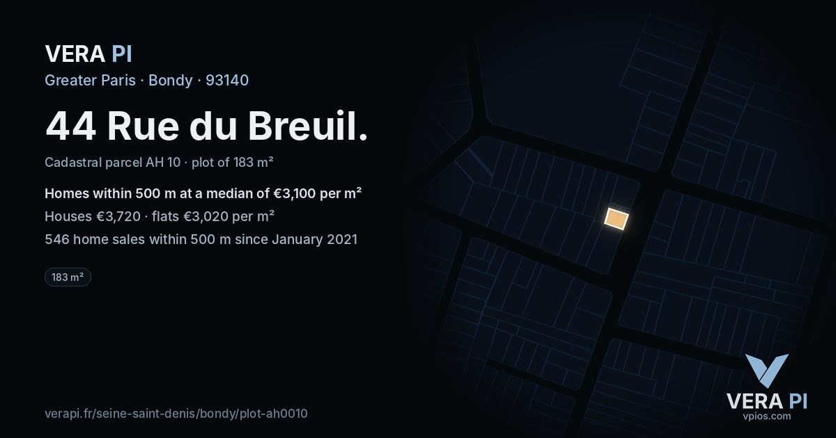 44 Rue du Breuil, Bondy at night – the plot lit, the parcels around coloured by the prices near them