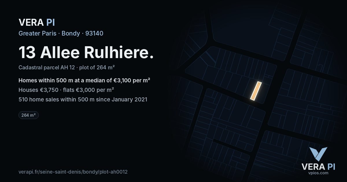 13 Allee Rulhiere, Bondy at night – the plot lit, the parcels around coloured by the prices near them