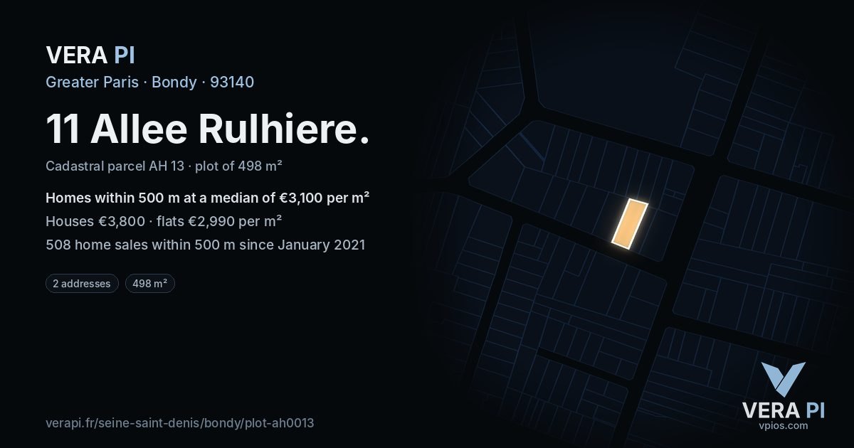 11 Allee Rulhiere, Bondy at night – the plot lit, the parcels around coloured by the prices near them