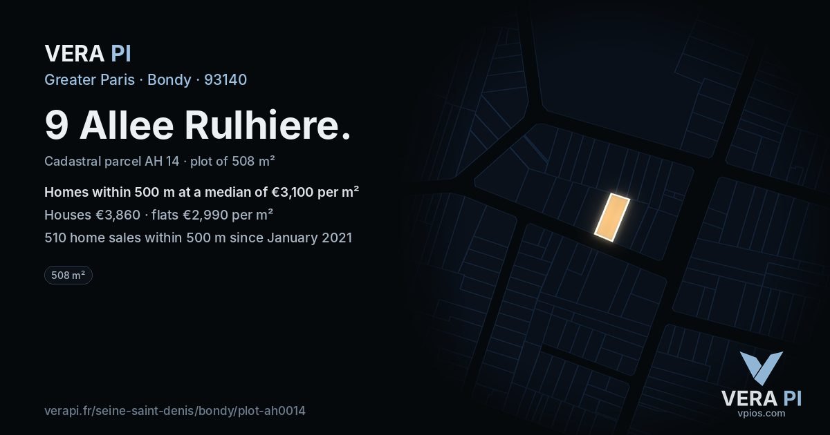 9 Allee Rulhiere, Bondy at night – the plot lit, the parcels around coloured by the prices near them