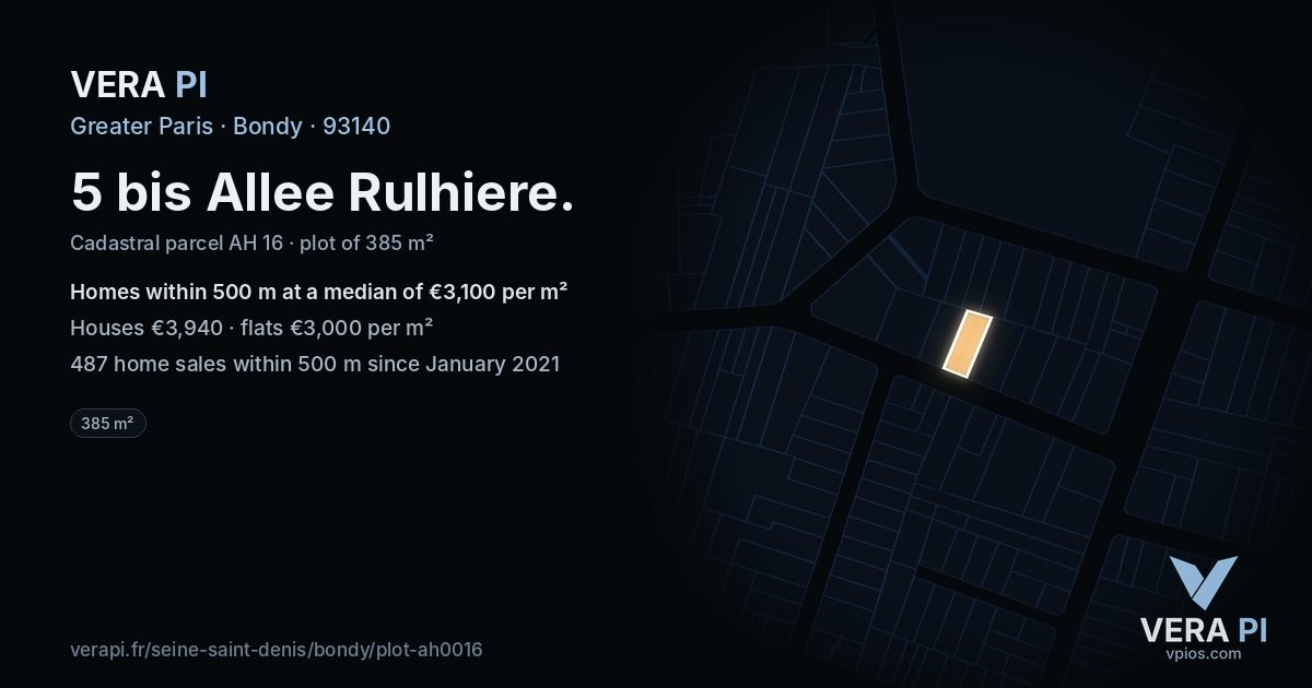 5 bis Allee Rulhiere, Bondy at night – the plot lit, the parcels around coloured by the prices near them