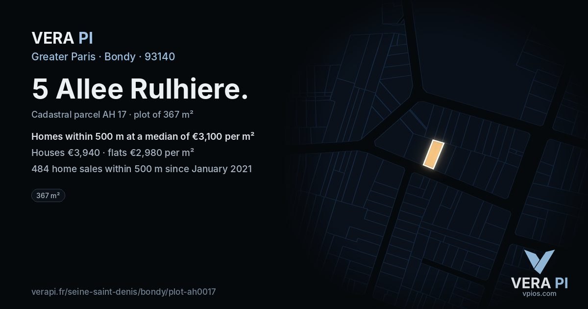 5 Allee Rulhiere, Bondy at night – the plot lit, the parcels around coloured by the prices near them