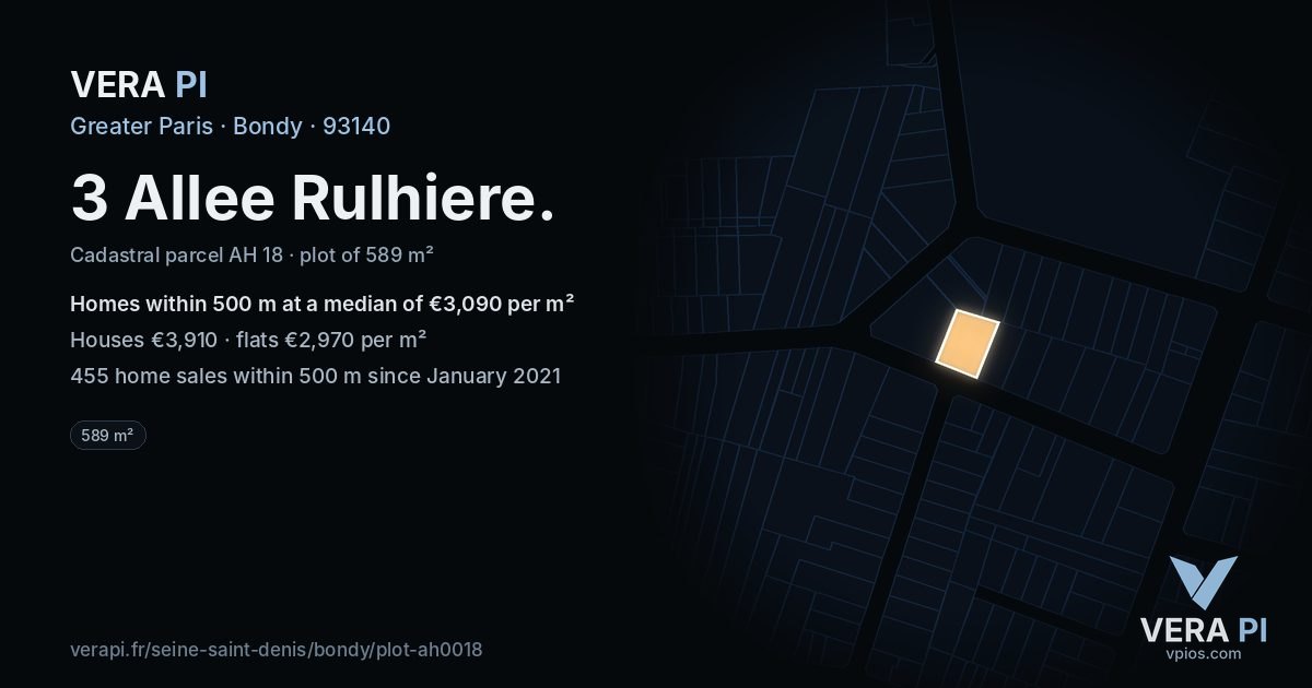 3 Allee Rulhiere, Bondy at night – the plot lit, the parcels around coloured by the prices near them
