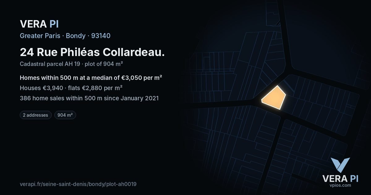 24 Rue Philéas Collardeau, Bondy at night – the plot lit, the parcels around coloured by the prices near them