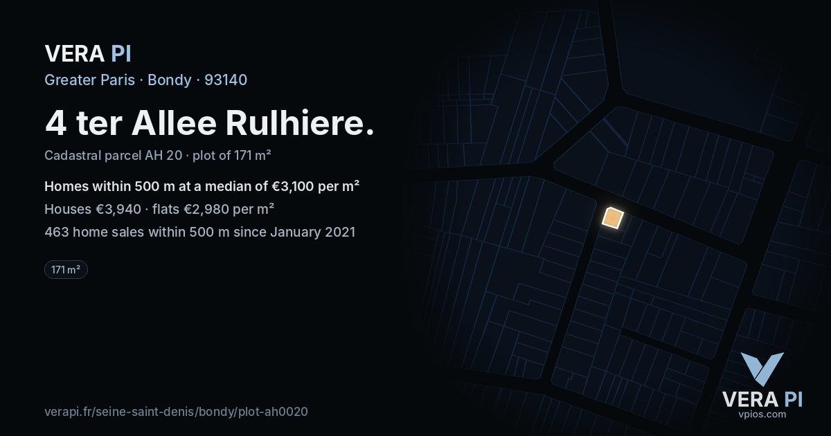4 ter Allee Rulhiere, Bondy at night – the plot lit, the parcels around coloured by the prices near them