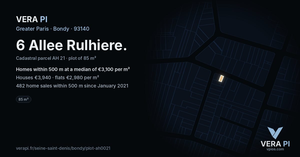 6 Allee Rulhiere, Bondy at night – the plot lit, the parcels around coloured by the prices near them