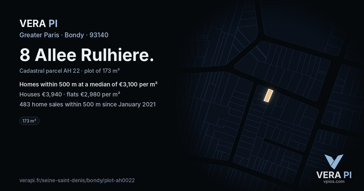 8 Allee Rulhiere, Bondy at night – the plot lit, the parcels around coloured by the prices near them